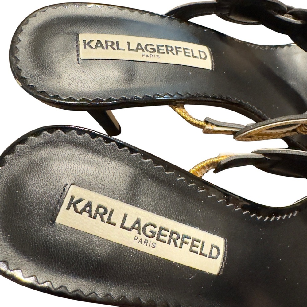 NWT Karl Lagerfeld Paris Black Gold Chain Open Toe Stiletto Heels Size 9.5B - Picture 6 of 8